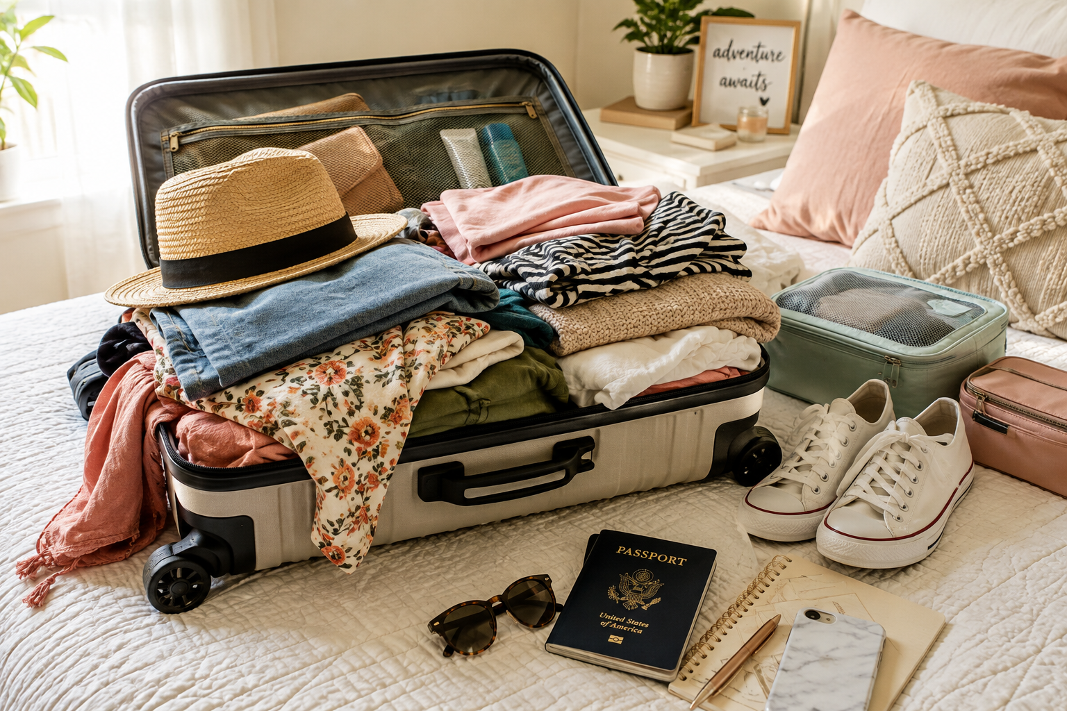 Overpacked suitcase showing common holiday packing mistakes