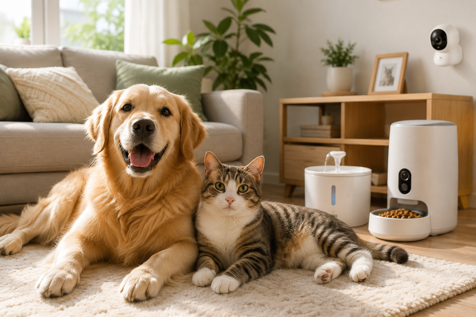 Happy golden retriever and tabby cat relaxing together at home with clever pet gadgets