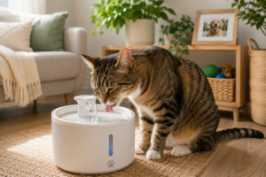 Cat using a clever pet gadget – a smart water fountain at home