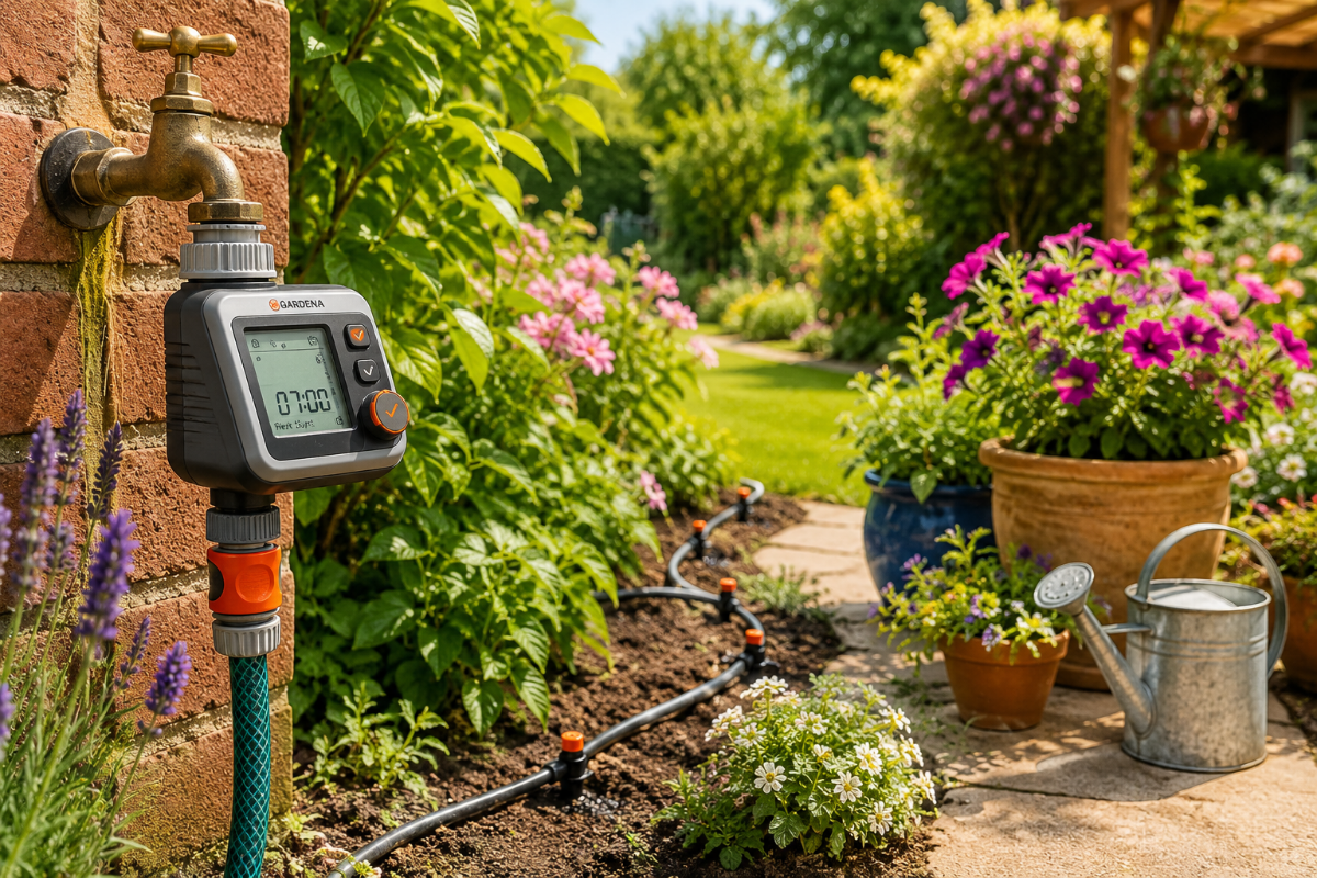 Garden watering gadgets with an automatic timer and drip irrigation system in a summer garden