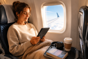 Relaxed passenger reading during a stress-free flight