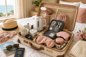 Clever travel gadgets and accessories packed in a suitcase