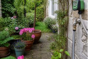 Garden watering gadgets with an automatic timer and drip irrigation system in a summer garden