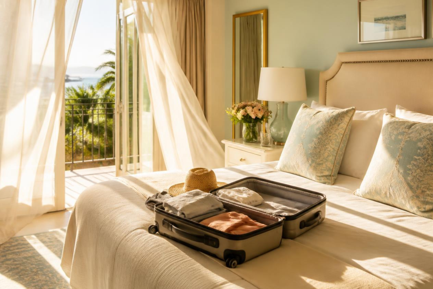 Open suitcase on a comfortable hotel bed in a bright room