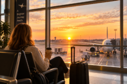 Early morning flight passenger waiting at the airport at sunrise