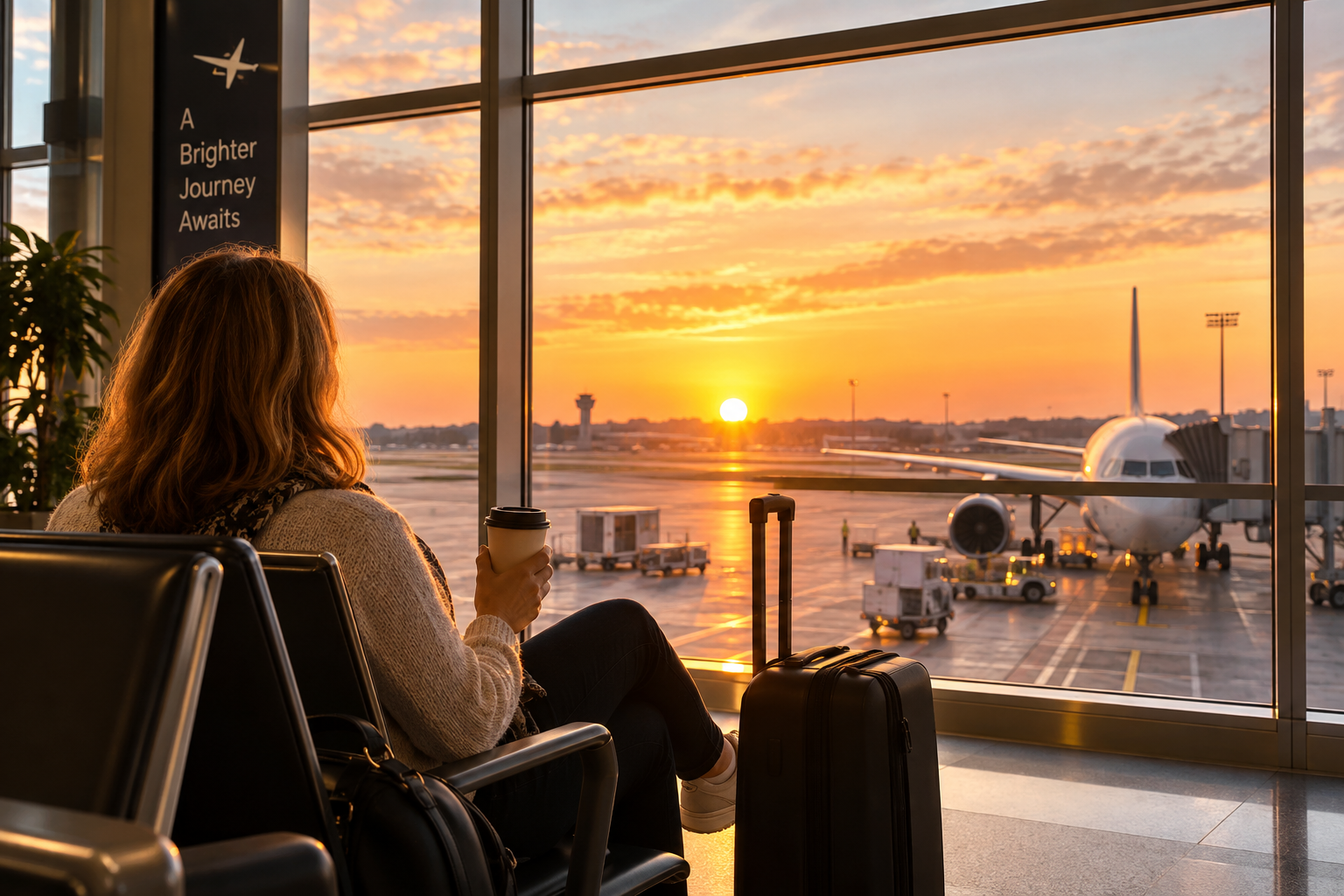 Early morning flight passenger waiting at the airport at sunrise
