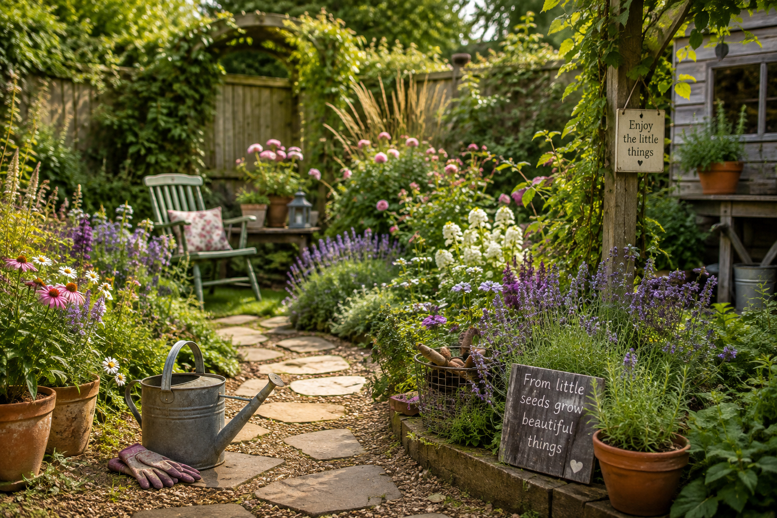Beautiful informal garden illustrating beginner gardening tips for an easy-to-manage garden