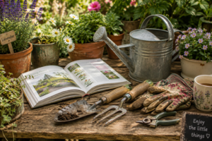 Simple gardening tools, plant care book and watering can for beginner gardeners