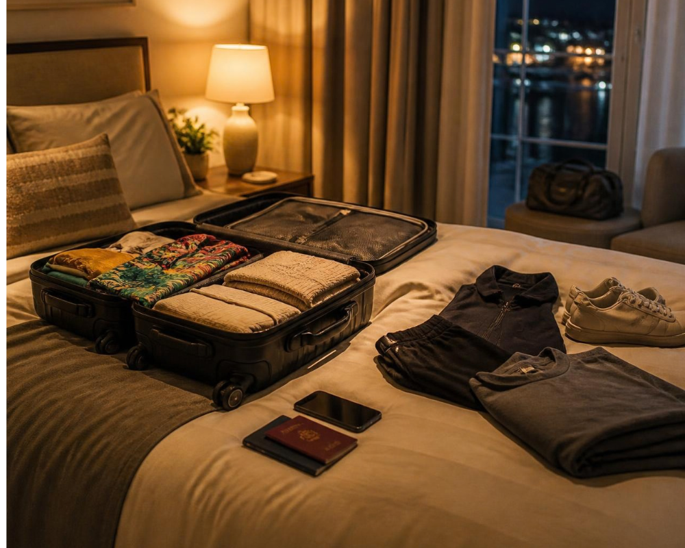 Packed suitcase ready the night before an early flight