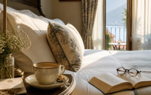 Cup of coffee and open book beside a comfortable hotel bed