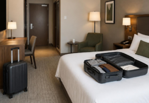 Open suitcase in a hotel room after checking the room before unpacking
