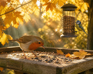 A Robin and Bluetit feeding together near a man doing Autumn Garden Jobs