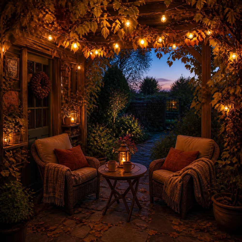 Cosy covered seating area with warm lights to enjoy your garden in autumn