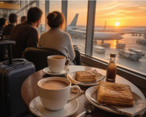 Relaxing with coffee and breakfast after preparing the night before an early flight