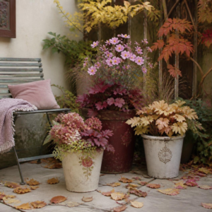 Autumn garden pots with colourful foliage beside a cosy chair